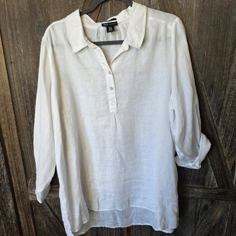 JNY Jones New York Shirt Women Size 1X White Pullover 100% Linen Roll Tab Sleeve